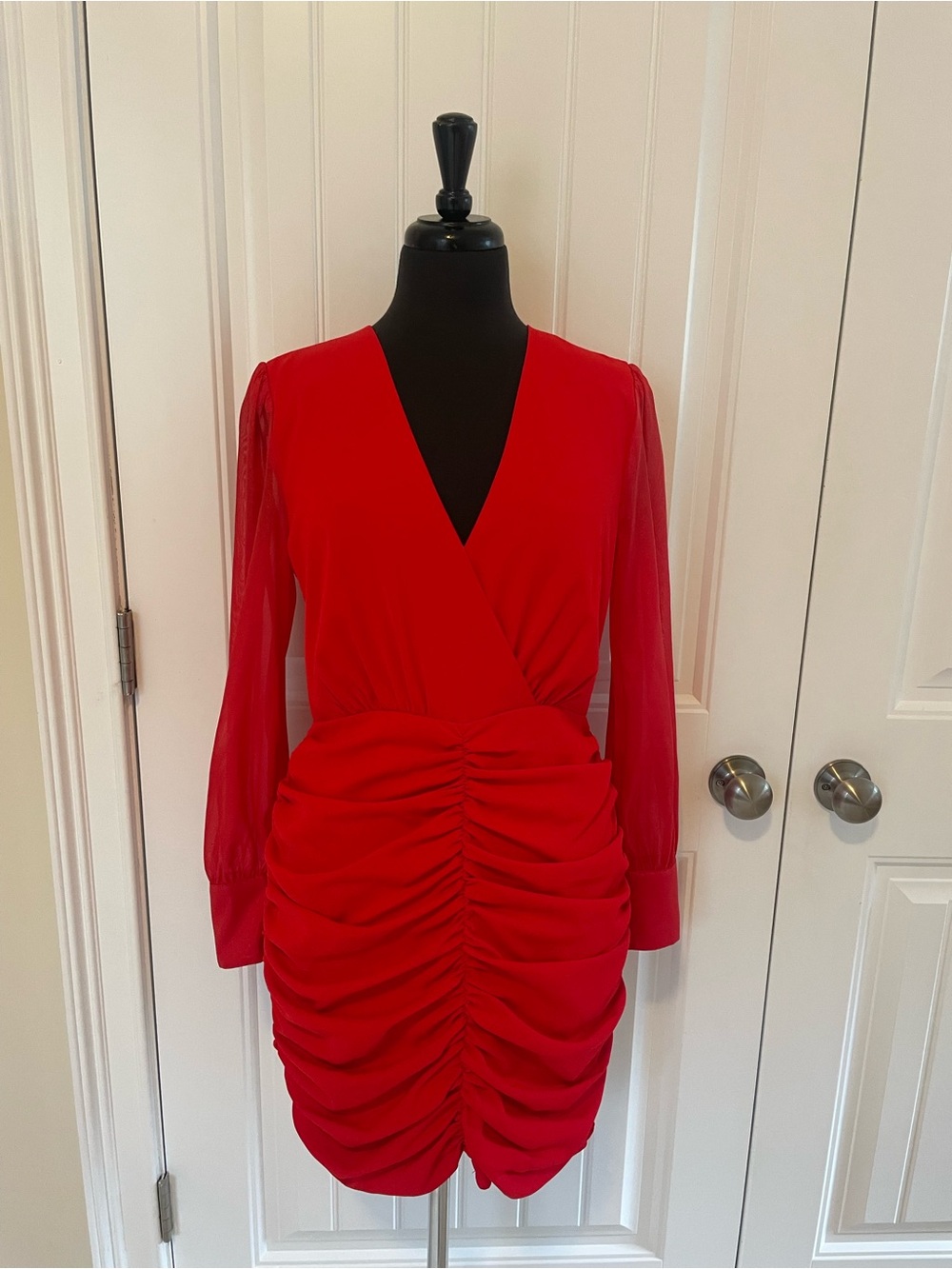 Calvin Klein Red Ruched V-Neck Mini Dress